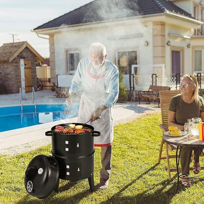HAPPYGRILL 3-in-1 Charcoal Smoker Grill Outdoor Vertical Charcoal Smoker with Built-in Thermometer &amp Adjustable Vent System 2-Layer Separable BBQ Grills for Camping &amp Family Cooking