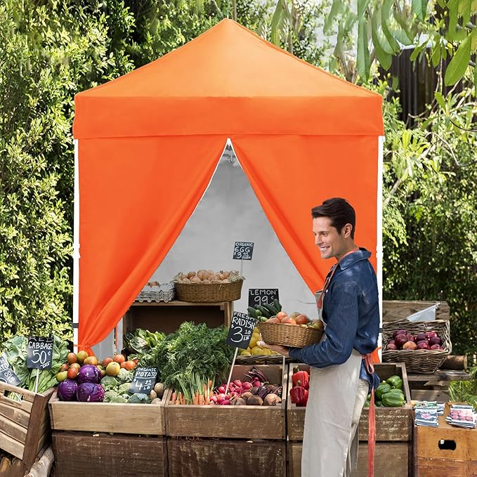 EAGLE PEAK 5x5 Instant Canopy with 4-Side Wall Panels Small Pop up Portable Canopy Tent with Carry Bag Light Weight Sun Shelter for Sports Camping and Beach Orange