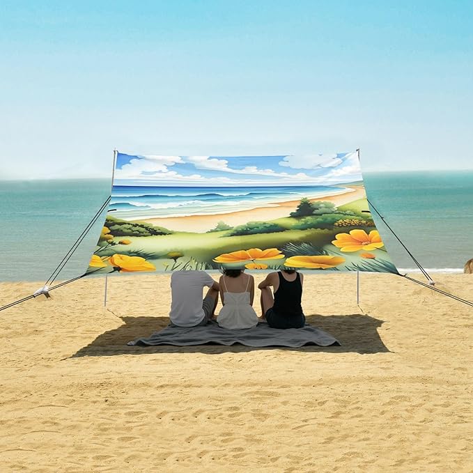 Beach Canopy with Windproof Ropes &amp Sandbags Beach Tent Sun Shade Sun Shelter for Camping Trips Fishing Backyard Fun or Picnics Beach