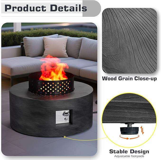 2-Piece 30 Round Propane Fire Pit for Outside Patio with Hidden Tank Table 50000 BTU Fireplaces with Wind Guard Lid Glass Rocks Cover(Wood Grain Ebony)