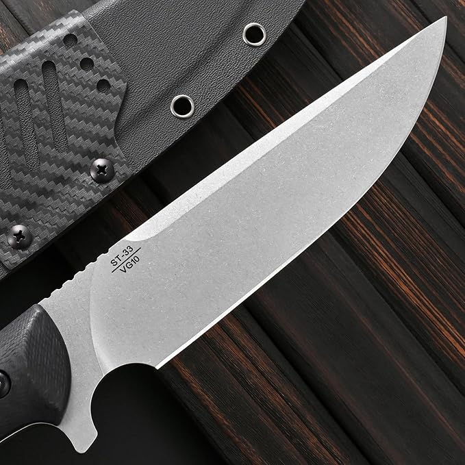 Sitivien ST33 Fixed Blade Knife VG10 Steel Blade Carbon Fiber Handle Full Tang Knife for Outdoor Activities Camping Hunting Fishing(Silver)
