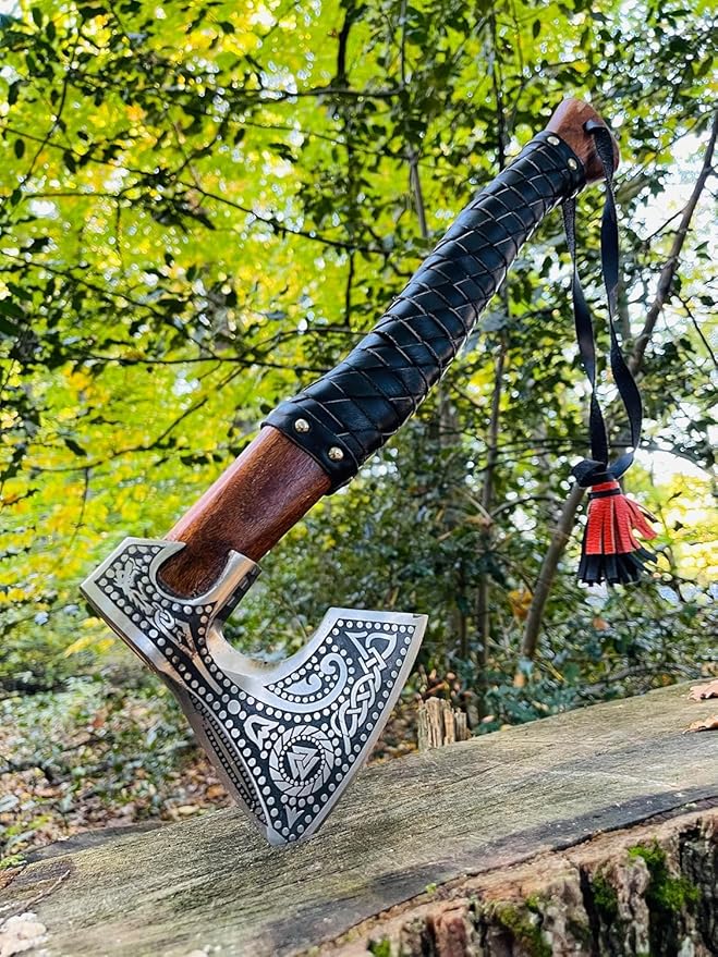 Viking Axe Carbon Steel Blade Rosewood Handle Leather Wrapped Handle Camping Axes Viking Ax Hatchet Real Tomahawk Gift Wood Splitting Axes Birthday Gift with Premium Leather Sheath