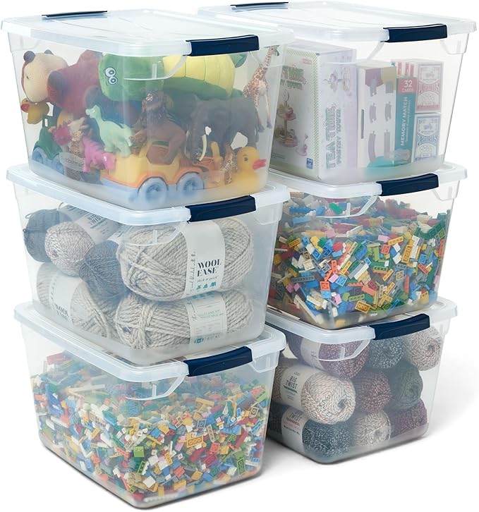 Rubbermaid Cleverstore Clear 32 Qt 6 Pack Stackable Plastic Storage Bins with Lids Great for Closet and Laundry Storage Organizing in the Home