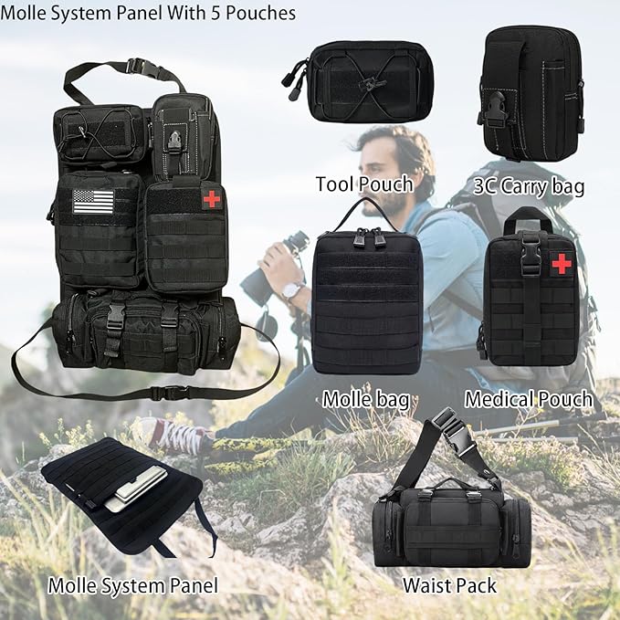 6 Pack Tactical Molle Car Seat Back Organizer Tactical Vehicle Panel with 5 Detachable Molle Pouch for Car Truck Ford Jeep VehicleUS Patch Automotive Organizer For Man (5 Pouches)