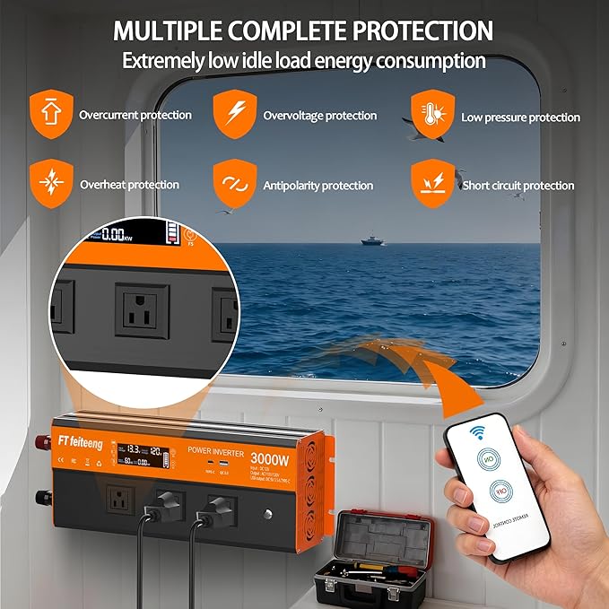 3000W Power Inverter 12v DC to 120v Ac Inverter Power Inverters for Vehicles with LCD Display 3AC Sockets and USB-C &amp QC 3.0 Port with Remote Control for Camping Home Truck Rv Solar System
