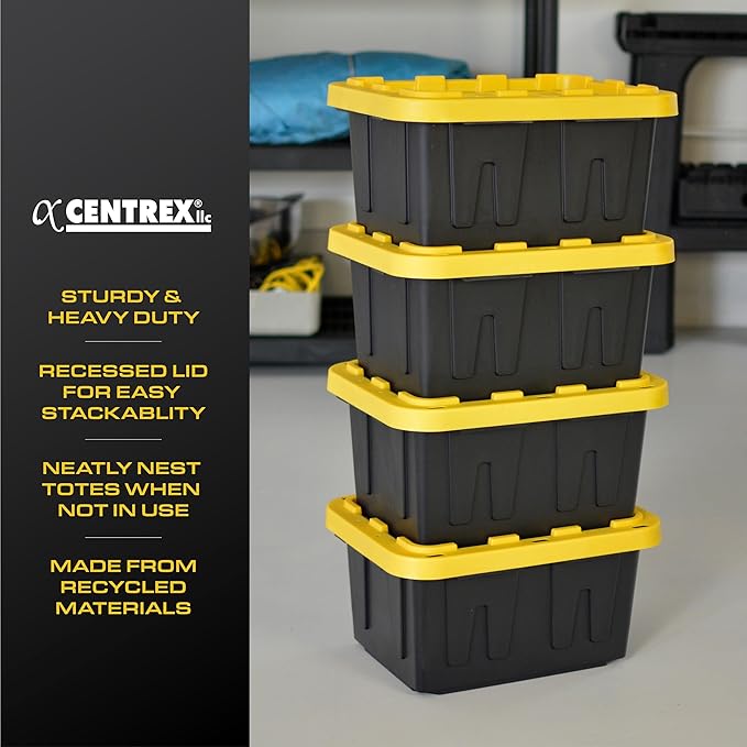 BLACK &amp YELLOW 5-Gallon Heavy Duty Storage Bins with Lids Stackable Plastic Storage Bins with Weather-Resistant Design Home Organization 6 Pack (8.6H x 12.3W x 16.4D)