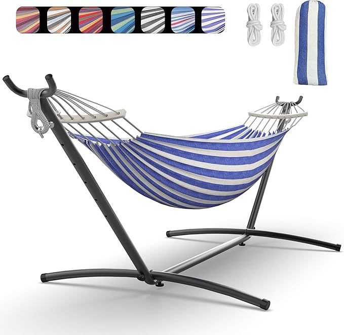 EveryFun Double Hammock with Heavy-Duty Steel StandPortableEasy Assembly600lbs Weight CapacityPerfect for IndoorYardCampingor Outdoor-BlueWhite