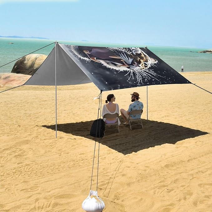 ALAZA Roaring Tiger Beach Tent Sun Shelter UPF50+ Protection Beach Shade Canopy w/ 4 Sandbags for Outdoor Camping Fishing Backyard Fun Picnic 10x9 ft