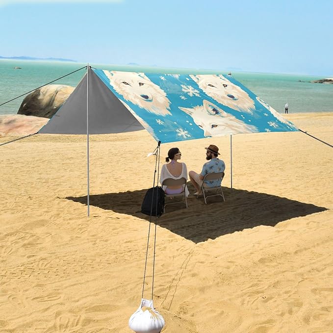 White Wolfs Blue Foldable Beach Canopy UPF50+ Protection Water-Resistant Portable Sun Shelter with Sand Shovel Sandbags for Camping Picnics Backyard &amp Fishing