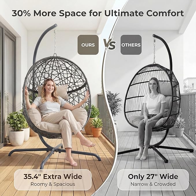 BULEXYARD Oversized Hanging Egg Chair with Stand Indoor Outdoor Grey Wicker Bird Cage Swing Chair Patio Hammock Swinging Chair with Beige Cushion for Balcony Porch 350lbs Capacity