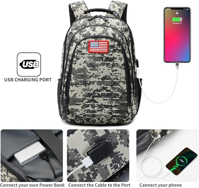 Camo BackpackSmall Tactical Backpack for outdoorMilitary Teen Boys Backpacks for School with USB Charging Port40L