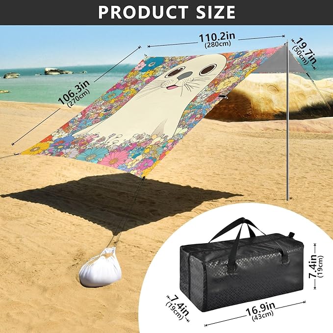 Funny Seal Foldable Beach Tent UPF50 Waterproof Large Sun Shelter with Sandbags Sand Shovel Poles for Backyard and Camping