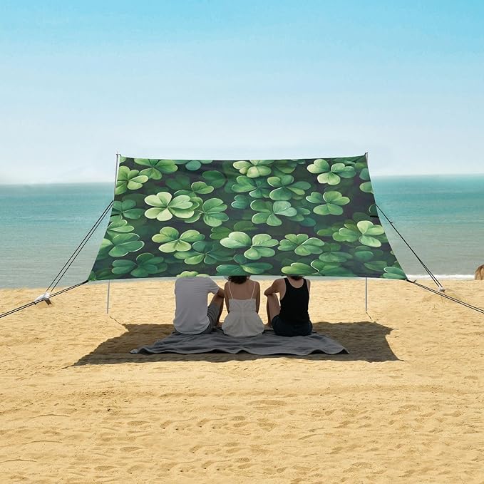 St Patrick's Day Clovers Beach Tent Sun Shelter Set UPF50+ UV Protection 10.5 x 9.19 FT Camping Shade Canopy with Sandbags Sand Anchors Carrying Bag and Others