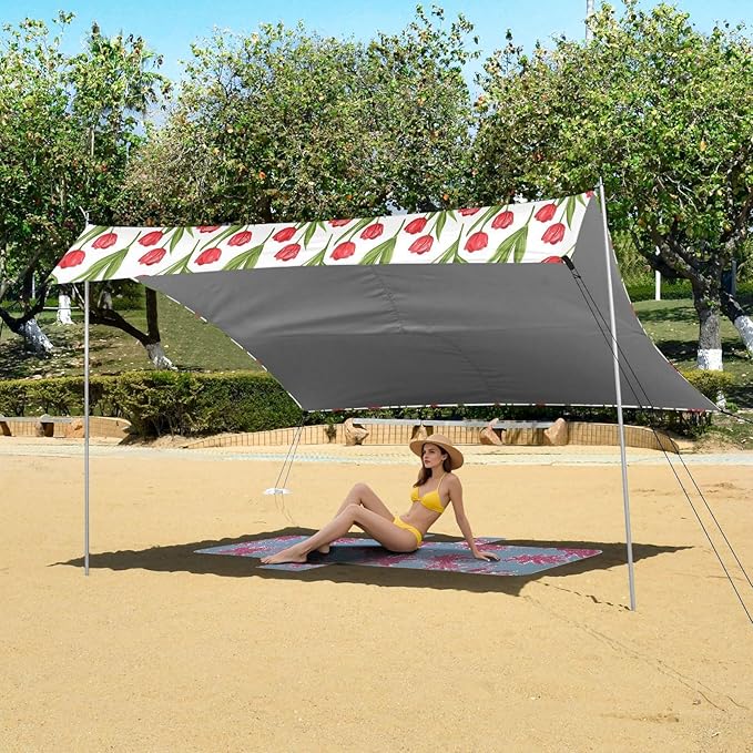 ALAZA Red Tulip Flower Floral Beach Tent Sun Shelter UPF50+ Protection Beach Shade Canopy w/ 4 Sandbags for Outdoor Camping Fishing Backyard Fun Picnic 10x9 ft