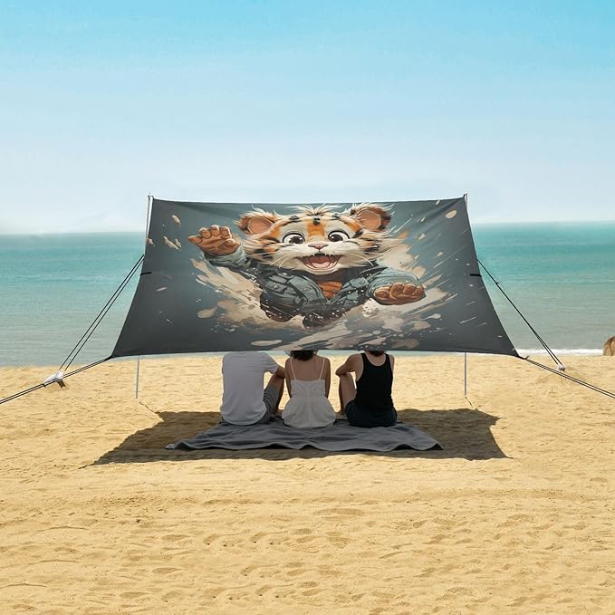 ALAZA Cute Tiger Beach Tent Sun Shelter UPF50+ Protection Beach Shade Canopy w/ 4 Sandbags for Outdoor Camping Fishing Backyard Fun Picnic 10x9 ft
