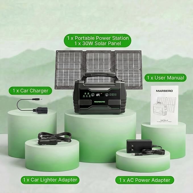 MARBERO Solar Generator 155Wh with 30W Solar Panel Portable Power Station with 2x 100W AC Outlets(Peak 150W) QC3.0 USB UL Certified for Home Blackout Camping RV Travel Ultra-Light &amp Silent Fan
