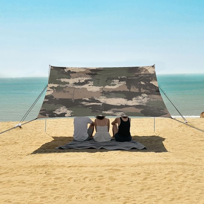 Camouflage with Grunge Elements_1 Beach Cabana UPF50+ Waterproof Portable Sun Shelter Includes Sand Shovel Sandbags Stability Poles for Camping Picnics Backyard