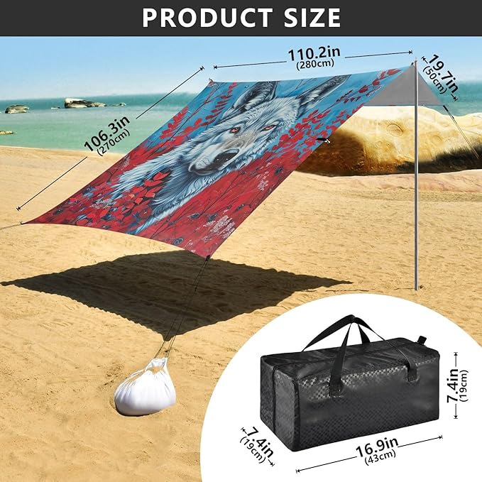 ALAZA Wolf Flower Red Leaf Beach Tent Sun Shelter UPF50+ Protection Beach Shade Canopy w/ 4 Sandbags for Outdoor Camping Fishing Backyard Fun Picnic 10x9 ft