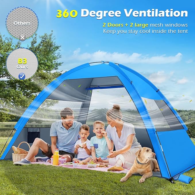 CALLARON Folding Beach Tent Large Sun Shelter UPF 50+ Pop Up Beach Tent Portable Family Tents Quick Open Canopy for 2-4 People Camping Travel