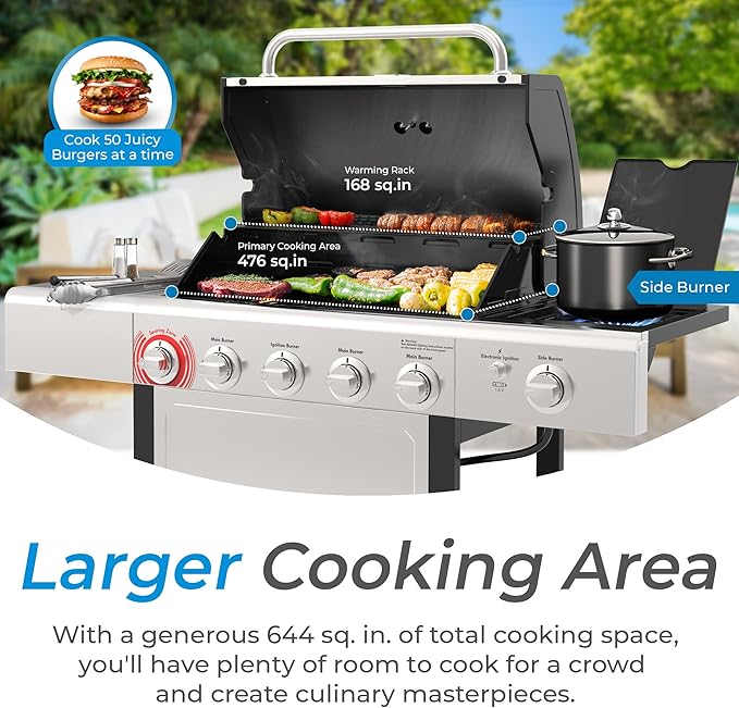 Kenmore BBQ Propane Gas Grill - 5 Burners with Side Burner &amp Searing Zone 644 Sq. In. Stainless Steel Grill 66000 BTU Ideal for Outdoor Cooking Patio &amp Backyard Silver
