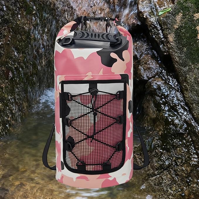 Waterproof Dry Bag Backpack with Mesh Pocket Storage Bag Versatile for Hiking Camping Kayaking Rafting Swimming Pink