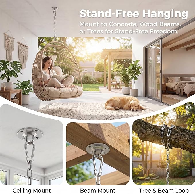 Nicesoul Outdoor Hanging Egg Chair Without Stand Patio Wicker Swing Egg Basket Chairs with Padded Cushion 350 Lbs Comfy Cozy Ceiling Tree Swinging Egg-Shaped Chair No Stand for Indoor Balcony Beige