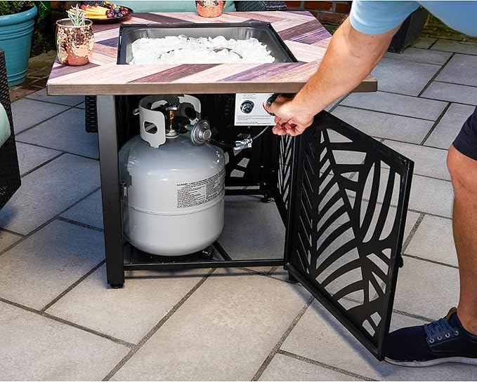 Endless Summer Darby 30 Inch Square Outdoor UV Printed 50000 BTU LP Gas Fire Pit Table with Faux Wood Mantel and Stamped Steel Base
