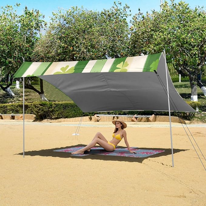 Saint Patrick's Striped Shamrocks Beach Tent Sun Shelter Set UPF50+ UV Protection 10.5 x 9.19 FT Camping Shade Canopy with Sandbags Sand Anchors Carrying Bag and Others