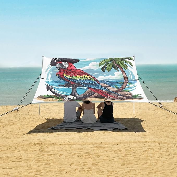 ALAZA Pirate Parrot Beach Tent Sun Shelter UPF50+ Protection Beach Shade Canopy w/ 4 Sandbags for Outdoor Camping Fishing Backyard Fun Picnic 10x9 ft