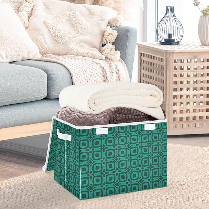 Teal Geometric Pattern Lidded Storage Bins with Handles - 16.5x12.6x11.8 Foldable Organizing Box Oxford Fabric &amp Honeycomb Board Dust-Proof Flip Lid for Closet/Office