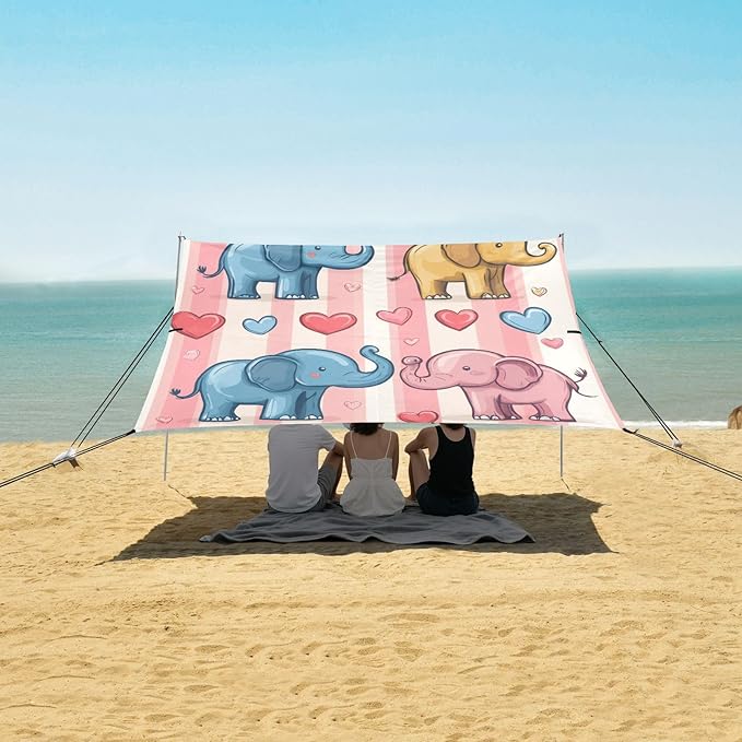 Elephants Love Stripes Beach Tent Sun Shelter Set UPF50+ UV Protection 10.5 x 9.19 FT Camping Shade Canopy with Sandbags Sand Anchors Carrying Bag and Others