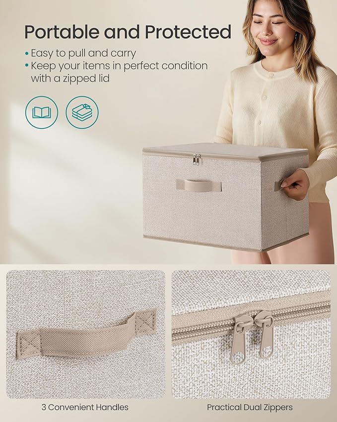 SONGMICS Foldable Storage Organizer Boxes Set of 3 Storage Basket Bins with Lids Handles Clothes Organizer 15.7 x 11.8 x 9.8 Inches Non-Woven Fabric Summer Sand URZB003K01