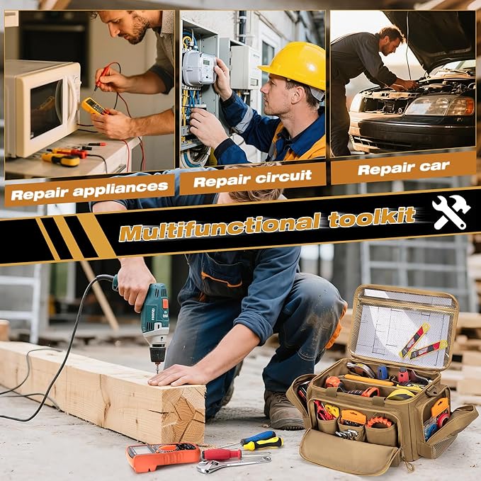 Tactical Tool Bag with Anti-friction Bottom Hand Tool Tote Storage Organizer for Men Small Range Bag for Electricians Carpenters Mechanics and Repairman Khaki