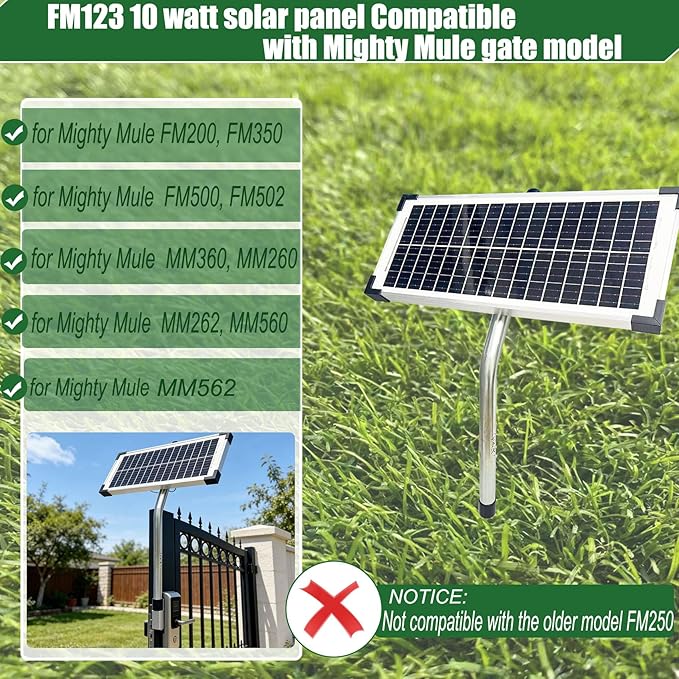 FM123 10 Watt Solar Panels Kit for Mighty Mule GTO PRO Automatic Gate Openers12v Portable Solar Panel Battery Charger Replace FM350 MM260 MM560 FM200 FM350 FM500 FM502 FM700 MM571W MM271 MM360