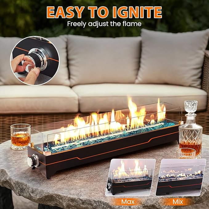 GRISUN Tabletop Fire Pit28 Inch Propane Fire Pit Table45000 BTU Table Top Firepit with Glass Wind GuardStainless Steel BurnerFire GlassPortable Propane fire Pit for Patio Camping Backyard &amp