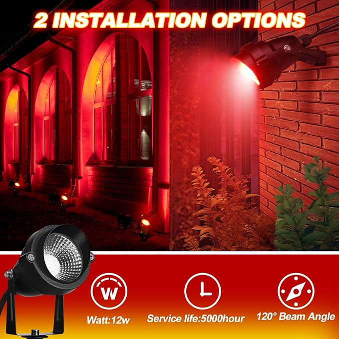 Rossesay 4 Pcs Christmas Red Spotlight Outdoor Plug in Landscape Lighting 12w Ip66 Waterproof LED Lights with Spiked Stand 270° Adjustable Outdoor Spot Lights for Yard Lawn Garden Tree Flags Holiday
