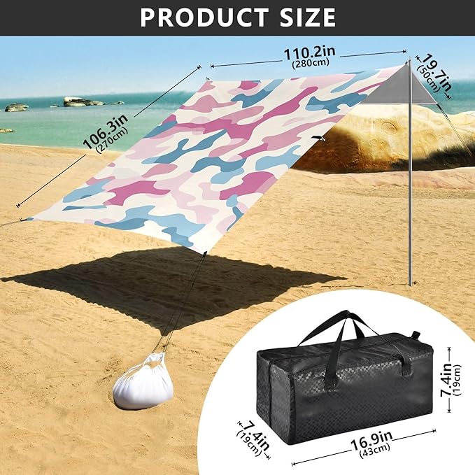 Powder Blue Foldable Beach Canopy UPF50 Lightweight Portable Sun Shelter with Sturdy Poles Sandbags and Shovel for Family Trips Picnics &amp Camping
