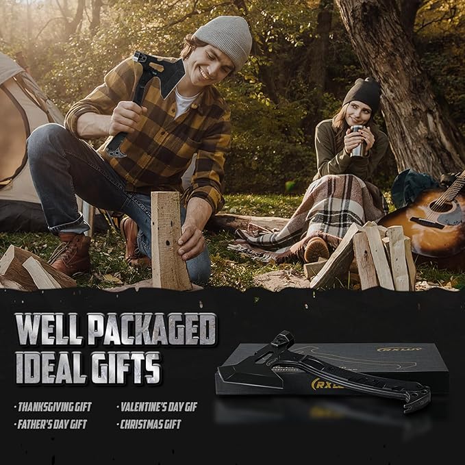 Tactical Axe with G10 Handle Camping Survival Hatchet Multifunctional Outdoor Hiking Heavy Duty Full Tang Tomahawk Tools with Hammer Unique Design Crowbar Leather Sheath (Black)