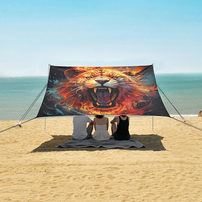 ALAZA Angry Lion Close Up Beach Tent Sun Shelter UPF50+ Protection Beach Shade Canopy w/ 4 Sandbags for Outdoor Camping Fishing Backyard Fun Picnic 10x9 ft