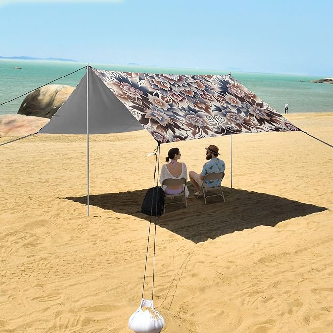 Floral Ikat Pattern Beach Tent Sun Shelter Set UPF50+ UV Protection 10.5 x 9.19 FT Camping Shade Canopy with Sandbags Sand Anchors Carrying Bag and Others