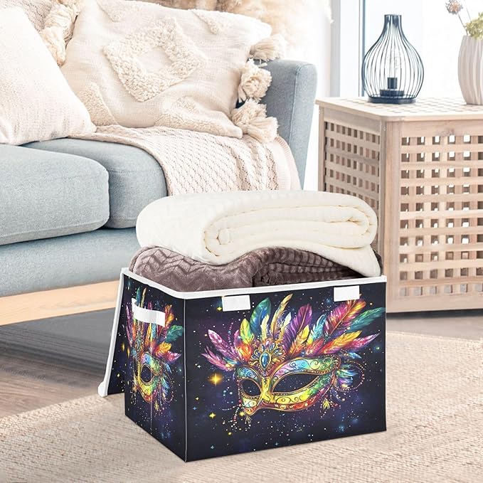Doodle Mardi Gras Mask Pattern Foldable Storage Baskets Fabric Boxes with Handle Organizers with Flip-Top Lids Storage Bins for Home Bedroom Office