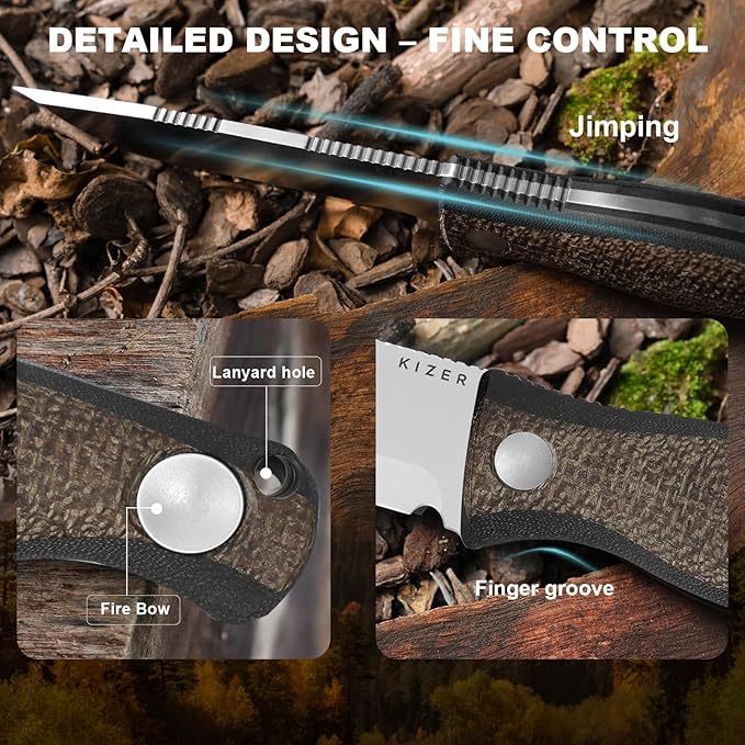 Kizer Polaris Fixed Blade Knife 4.23 AEB-L Steel Camping Knife with Brown Black Micarta &amp Black G10 Handle Survival Hunting Bushcraft Knives with Adjustable Sheath &amp Sharpener 1100A3