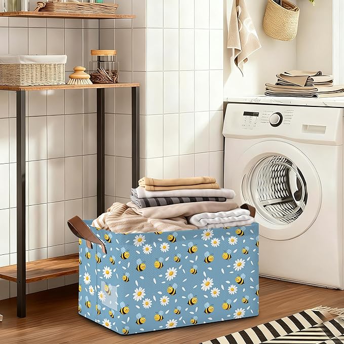 32L Large Storage Bins with Handles Basket Organizer for Shelves Closet Books Laundry &amp Home Decor (Bee Daisy)