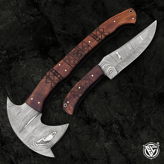 EdgeLandKnives® Hand Forged Tomahawk Throwing Axe and Bushcraft Knife Set Damascus Steel Tomahawk Throwing Axe and Bushcraft Knife Set with Leather Sheath Perfect Combo for Outdoorsmen (EL32)