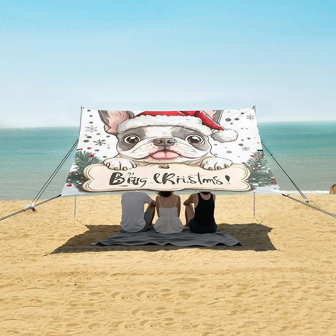 ALAZA Merry Christmas French Bulldog Bone Christmas Hat Beach Tent Sun Shelter Portable Canopy Sunshade for Outdoor Camping Picnics Backyard Fun 10x9 ft