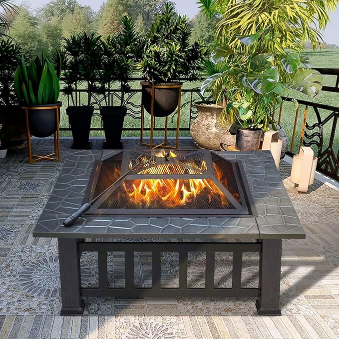 SINGLYFIRE 32 Inch Fire Pit Table for Outside Square Metal Firepit Outdoor Wood Burning Large Steel Bonfire Pit for Patio Backyard Garden with Spark ScreenLog GratePoker