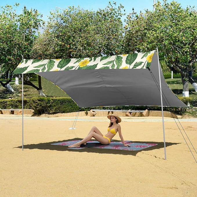 xigua Wildflowers Beach Tent Sun Shelter with Carrying Bag - Silver Coated Oxford Fabric Beach Canopy for Beach Camping Fishing - Includes Windproof Ropes Sandbags &amp Stakes