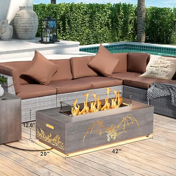 SUNPEAK 42 Propane Fire Pit table with LED Light - 50000 BTU with Wind Guard Lid Rocks and Cover - Gas Fire Pits for Outside Patio - Fire Pit Tables for Outside Patio (Grey/Dragon Cutout 42 LED)