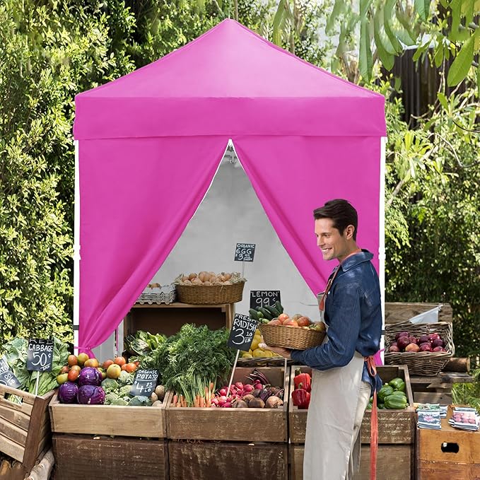 EAGLE PEAK 5x5 Instant Canopy with 4-Side Wall Panels Small Pop up Portable Canopy Tent with Carry Bag Light Weight Sun Shelter for Sports Camping and Beach Pink