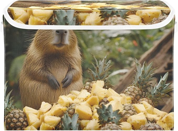 AIXIWAWA Lidded Storage Cube (Capybara Pineapple) Fabric Foldable Closet Bins with Flip Lid and Handles Organizer Basket Container 16.5 x 12.6 x 11.8 IN